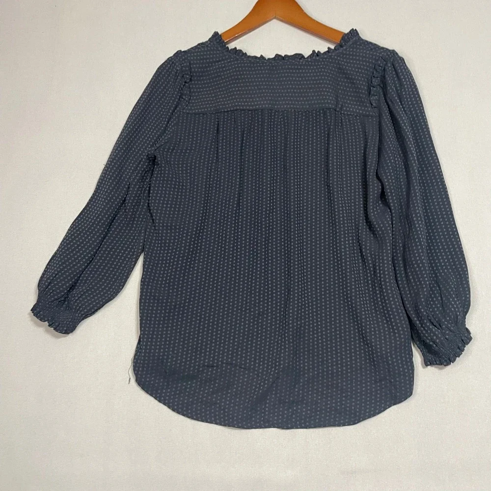 LOFT Ruffle V-Neck Tie Blouse Dotted Textured Dark Gray Top 3/4 Sleeves - Size S